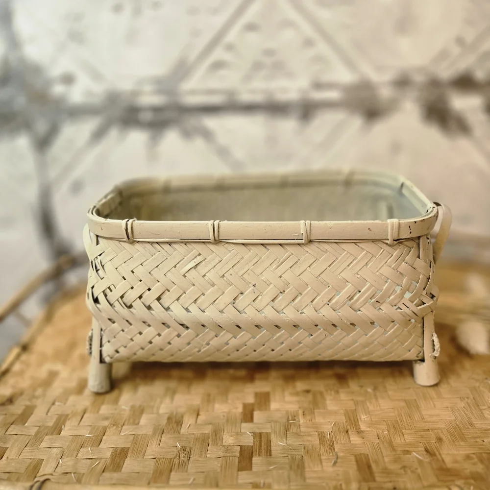 Vintage 1980's Bamboo Oval Rectangular Storing Decor Basket Cottage Coastal